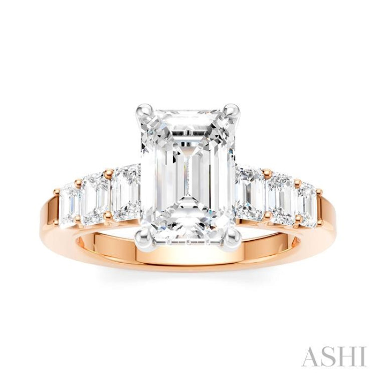 1 Ctw Emerald Shape Emerald and Round Cut Diamond Semi-Mount Engagement Ring in 14K Rose and White Gold