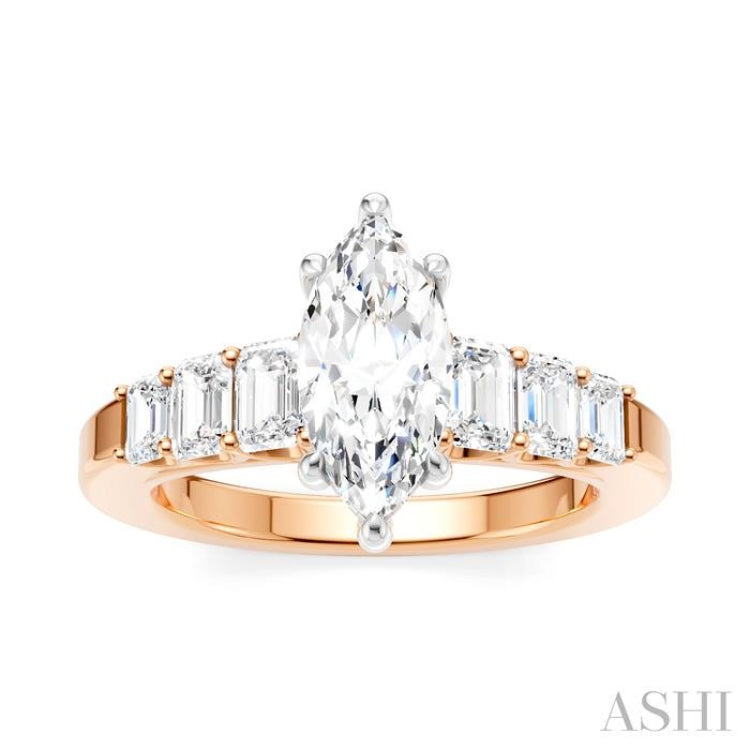 1 Ctw Marquise Shape Emerald and Round Cut Diamond Semi-Mount Engagement Ring in 14K Rose and White Gold