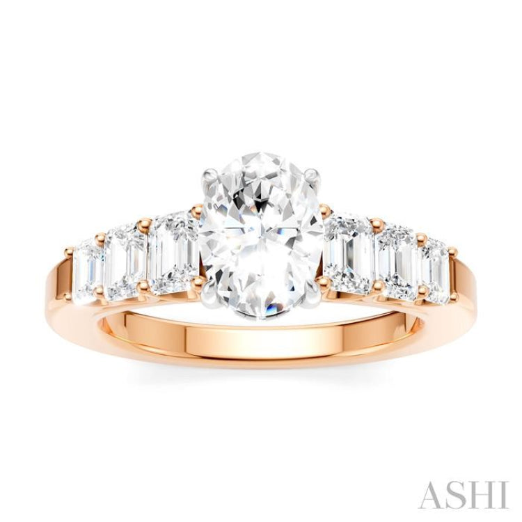 1 Ctw Oval Shape Emerald and Round Cut Diamond Semi-Mount Engagement Ring in 14K Rose and White Gold