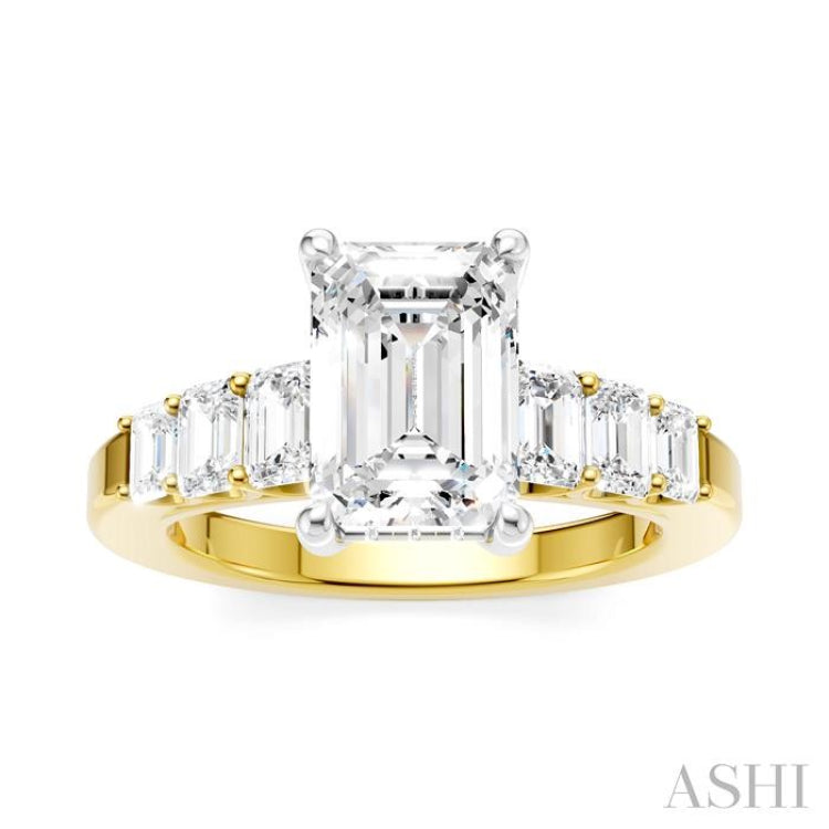 1 Ctw Emerald Shape Emerald and Round Cut Diamond Semi-Mount Engagement Ring in 14K Yellow and White Gold
