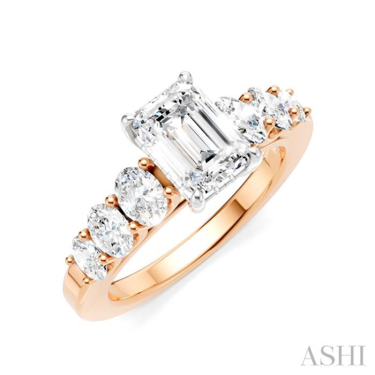 1 Ctw Emerald Shape Oval and Round Cut Diamond Semi-Mount Engagement Ring in 14K Rose and White Gold