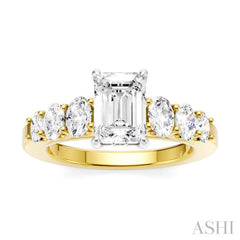 1 Ctw Emerald Shape Oval and Round Cut Diamond Semi-Mount Engagement Ring in 14K Yellow and White Gold
