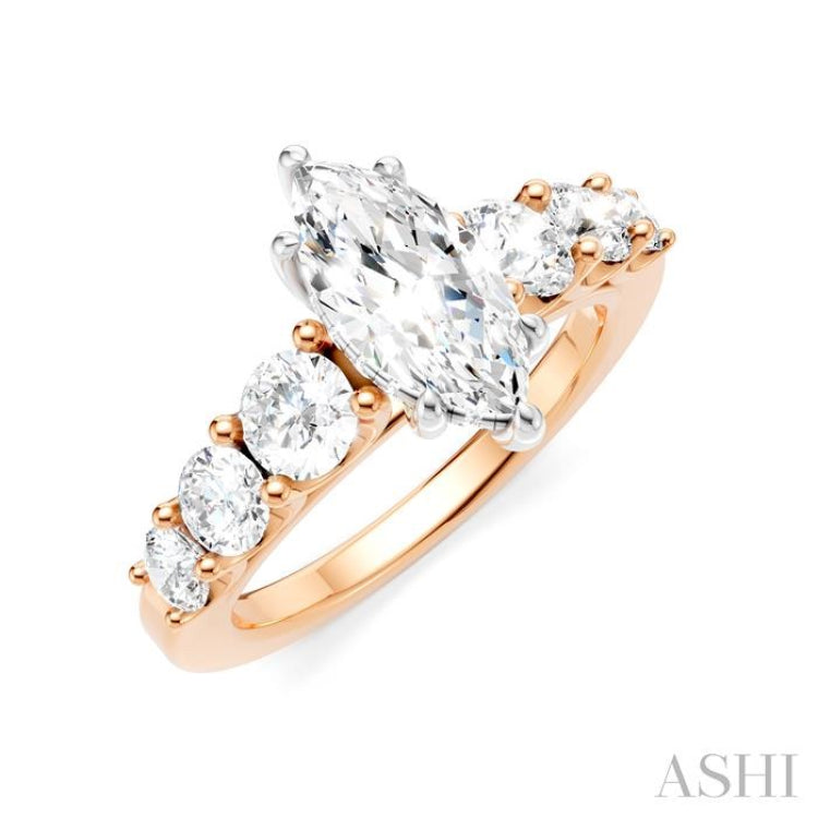 1 1/10 Ctw Marquise Shape Round Cut Diamond Semi-Mount Engagement Ring in 14K Rose and White Gold