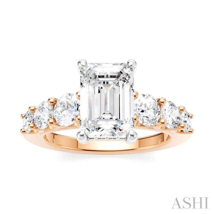 1 1/10 Ctw Emerald Shape Round Cut Diamond Semi-Mount Engagement Ring in 14K Rose and White Gold