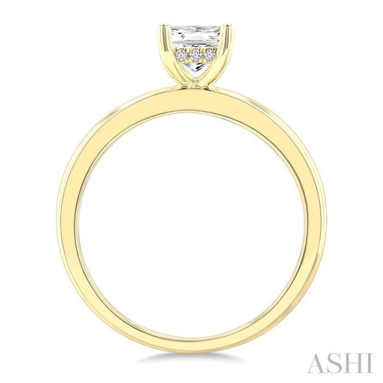 1/20 Ctw Emerald Shape Grooved Shank Round Cut Diamond Semi-Mount Engagement Ring in 14K Yellow Gold