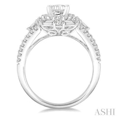 1 1/10 Ctw Emerald Shape Baguette and Round Cut Diamond Semi-Mount Engagement Ring in 14K White Gold