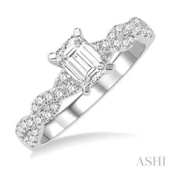 7/8 Ctw Twisted Shank Round Cut Diamond Engagement Ring With 1/2 Ct Emerald Cut Center Stone in 14K White Gold