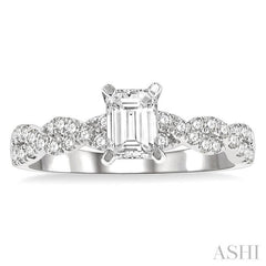 7/8 Ctw Twisted Shank Round Cut Diamond Engagement Ring With 1/2 Ct Emerald Cut Center Stone in 14K White Gold