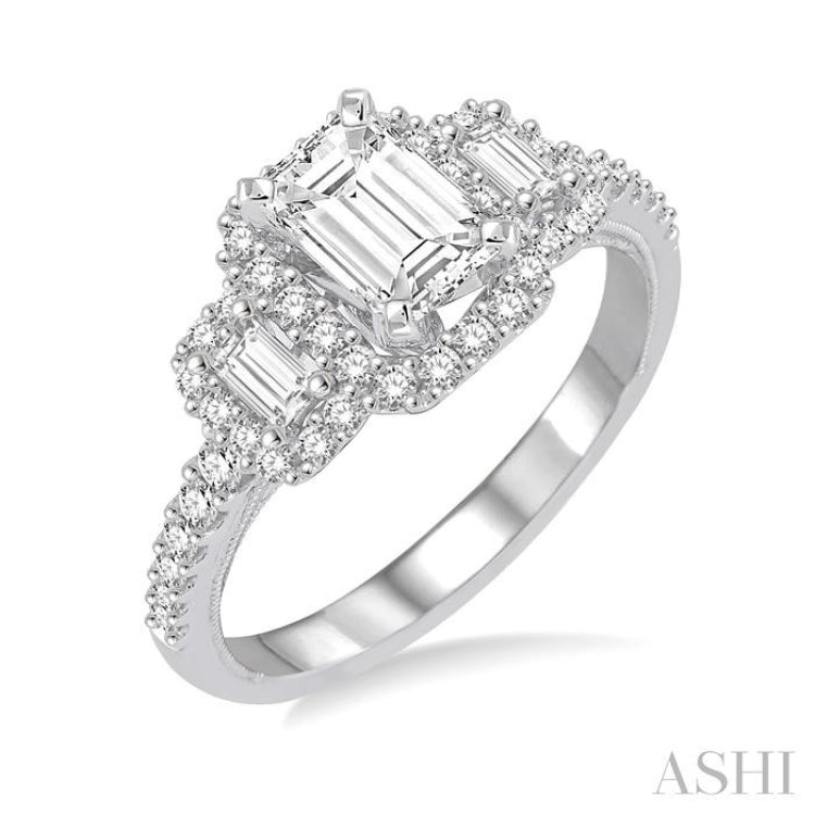 5/8 Ctw Diamond Ladies Engagement Ring with 1/4 Ct Emerald Cut Center Stone in 14K White Gold