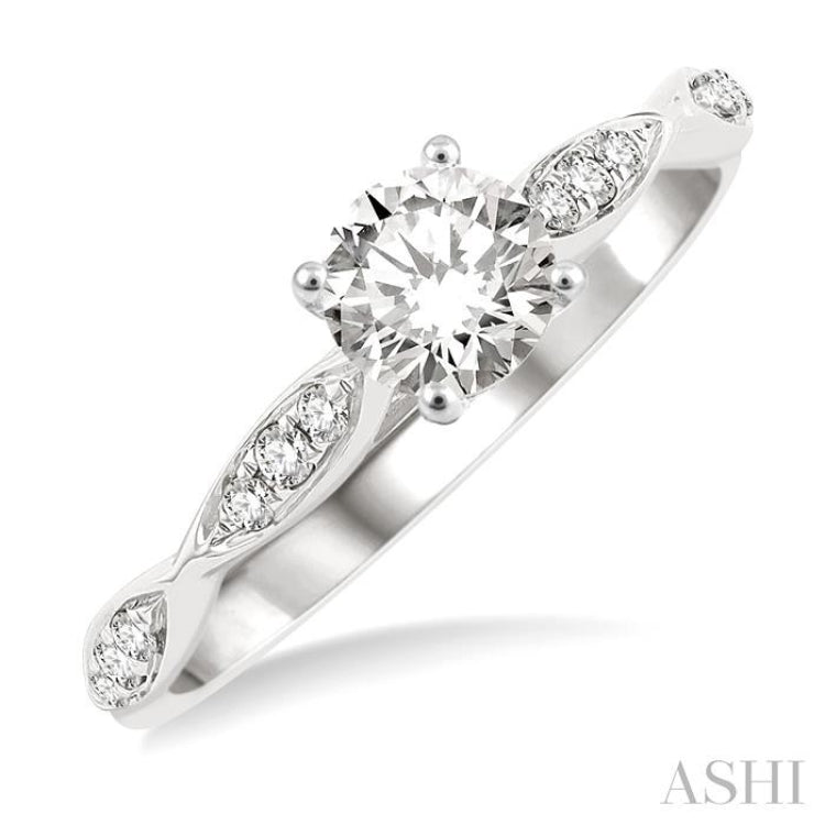 1/2 Ctw Marquise-Carved Shank Engagement Ring With 1/3 Ct Round Cut Diamond Center Stone in 14K White Gold