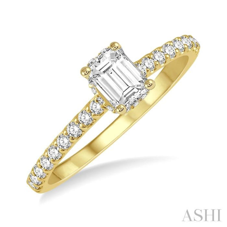 1/2 Ctw Round Cut Diamond Ladies Engagement Ring With 1/4 Ct Emerald Cut Center Stone in 14K Yellow Gold
