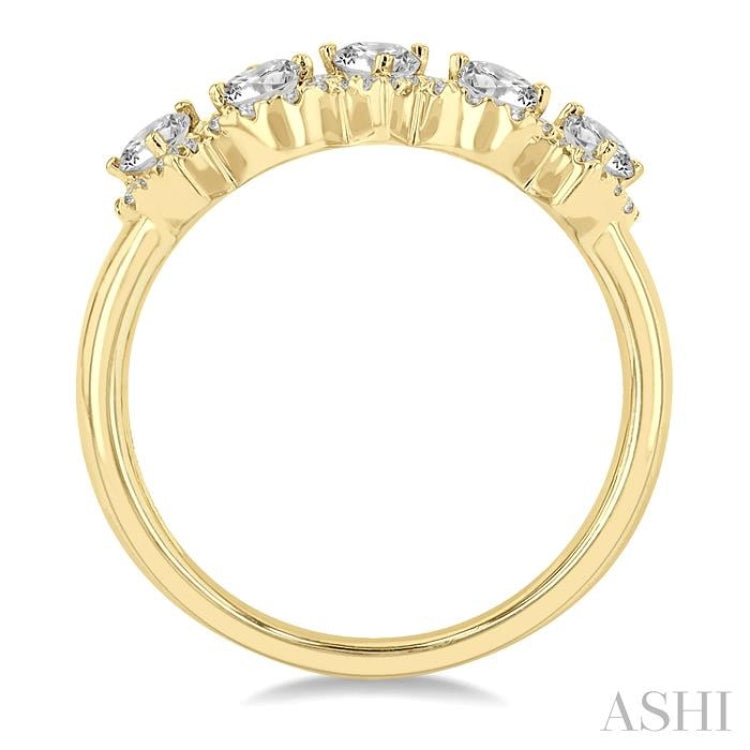 1 Ctw Pear Shape 5 Stone Pear & Round Cut Diamond Halo Wedding Band in 14K Yellow Gold