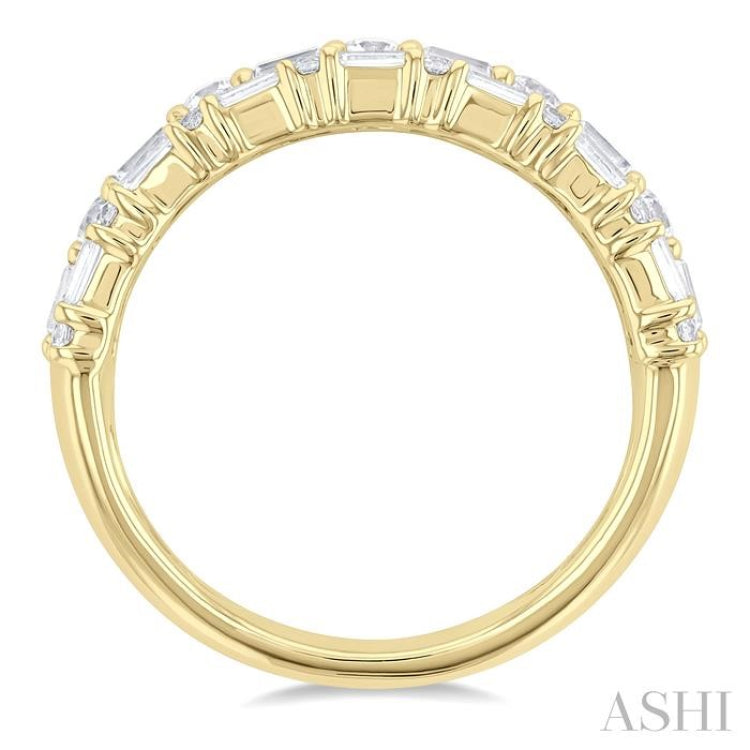 1 1/2 Ctw Triple Row Emerald, Baguette and Round Cut Diamond Fashion Band in 14K Yellow Gold