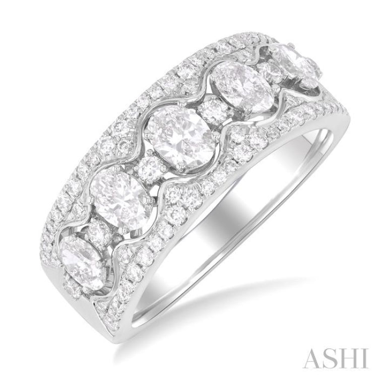 1 1/5 Ctw 5-Stone Oval and Round Cut Diamond Wide Fashion Band in 14K White Gold