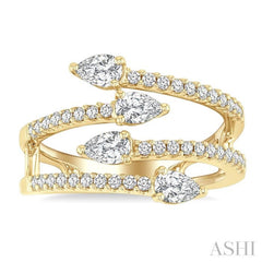 7/8 Ctw Split Double Bypass Pear and Round Cut Diamond Open Fashion Ring in 14K Yellow Gold
