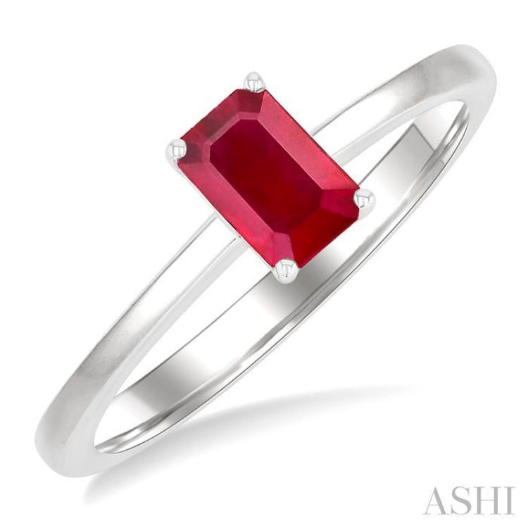 6x4 MM Octagon Shape Ruby Precious Solitaire Ring in 14K White Gold