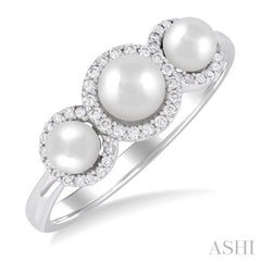 1/6 Ctw Past, Present & Future 4MM & 5MM Cultured Pearl and Round Cut Diamond Halo Ring in 14K White Gold