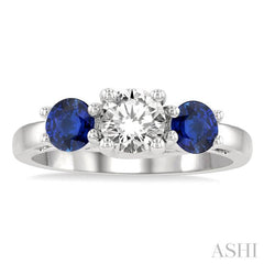 4.65 MM Round Shape Sapphire and 3/4 Ctw Past, Present and Future Round Cut Diamond Precious Ring in 14K White Gold
