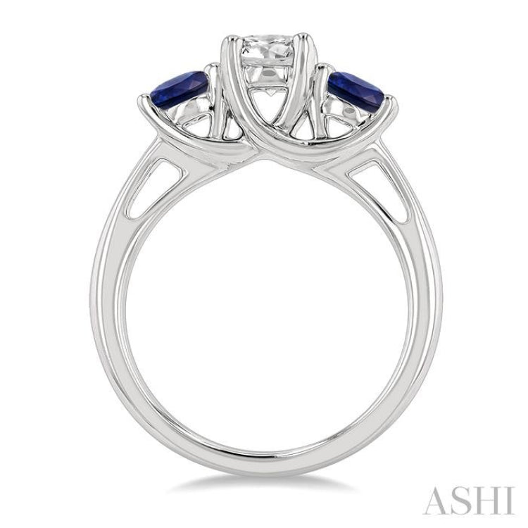 4.65 MM Round Shape Sapphire and 3/4 Ctw Past, Present and Future Round Cut Diamond Precious Ring in 14K White Gold