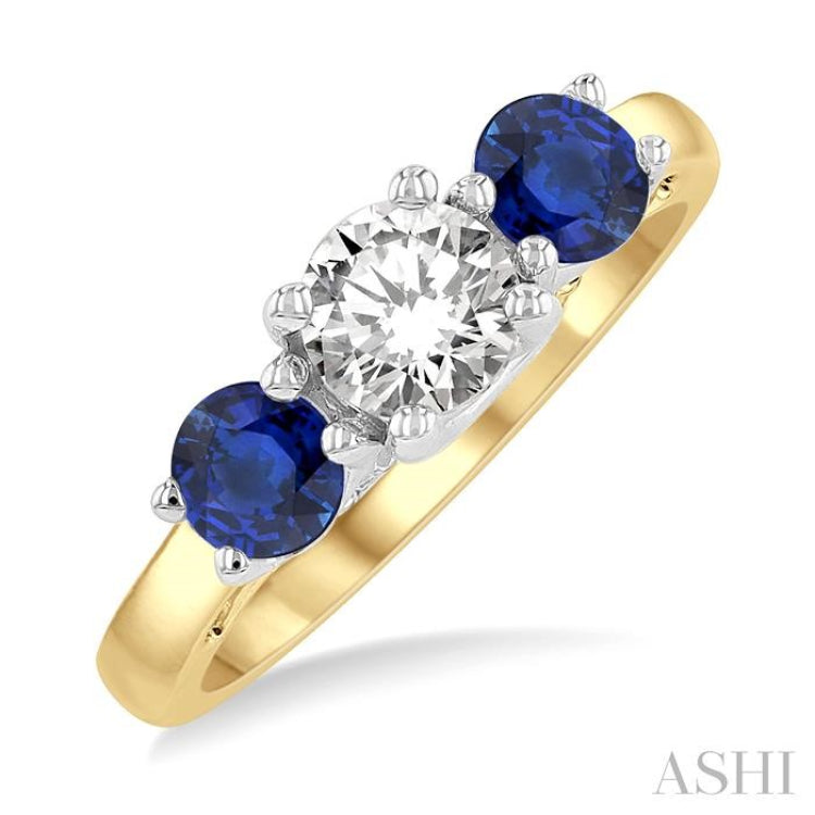 4.65 MM Round Shape Sapphire and 3/4 Ctw Past, Present and Future Round Cut Diamond Precious Ring in 14K Yellow and White Gold