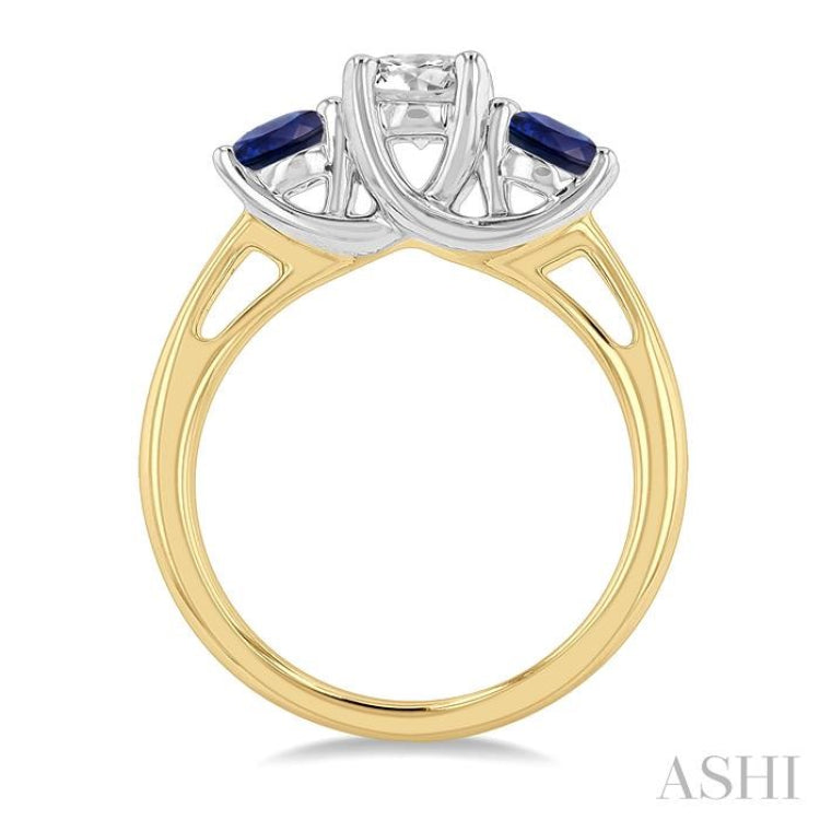 4.65 MM Round Shape Sapphire and 3/4 Ctw Past, Present and Future Round Cut Diamond Precious Ring in 14K Yellow and White Gold