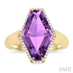 16x10 MM Hexagon Shape Amethyst and 1/10 Ctw Round Cut Diamond Halo Semi-Precious Ring in 14K Yellow Gold