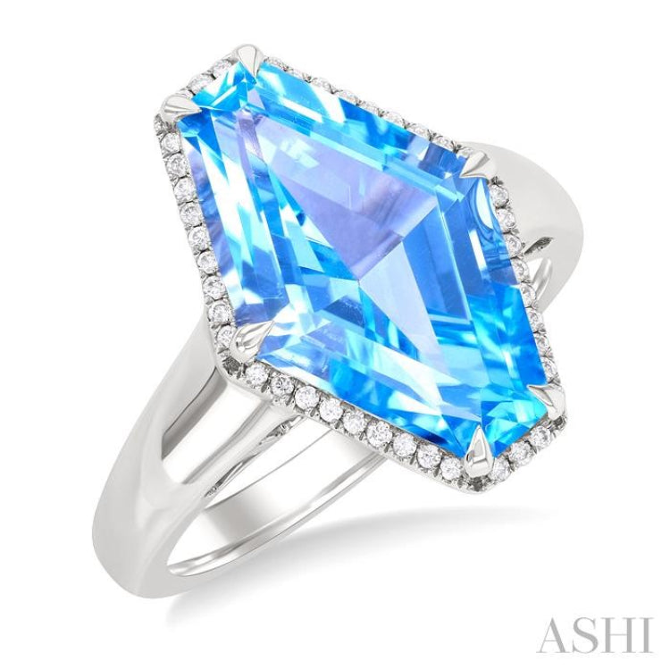 16x10 MM Hexagon Shape Blue Topaz and 1/10 Ctw Round Cut Diamond Halo Semi-Precious Ring in 14K White Gold