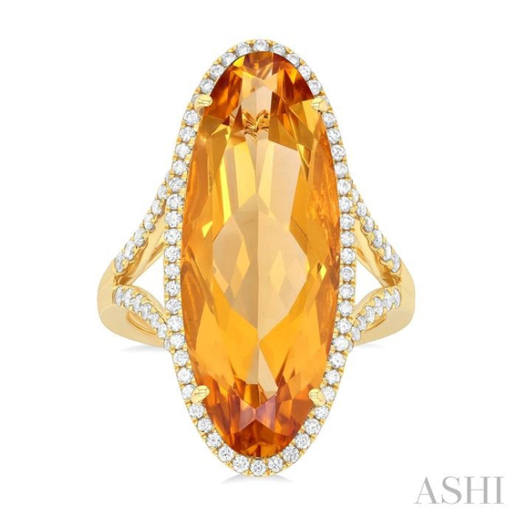 26x10 MM Oval Cut Citrine and 1/2 Ctw Round Cut Diamond Halo Semi-Precious Ring in 14K Yellow Gold