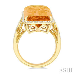 26x12 MM Emerald Cut Citrine and 1/2 Ctw Round Cut Diamond Halo Semi-Precious Ring in 14K Yellow Gold