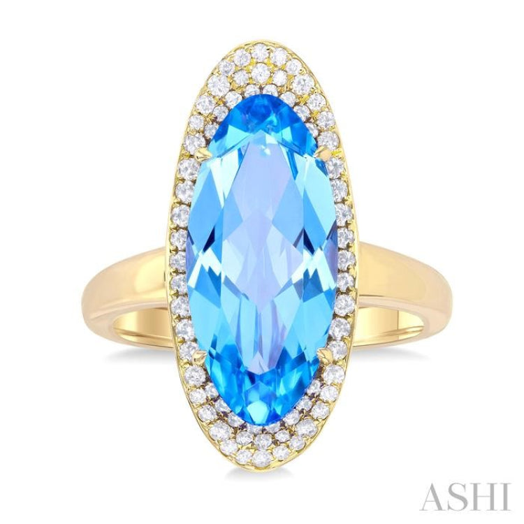 18x8 MM Oval Cut Blue Topaz and 1/3 Ctw Round Cut Diamond Halo Semi-Precious Ring in 14K Yellow Gold