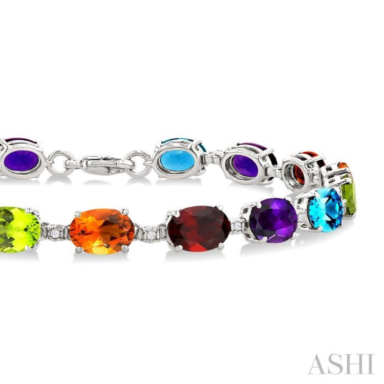 7X5 MM Oval Shape Rainbow and 1/10 Ctw Single Cut Diamond Semi-Precious Bracelet in Sterling Silver