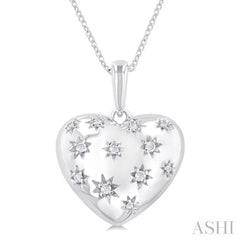 1/10 Ctw Bold Star Engraved Puffed Heart Round Cut Diamond Pendant With Chain in Sterling Silver