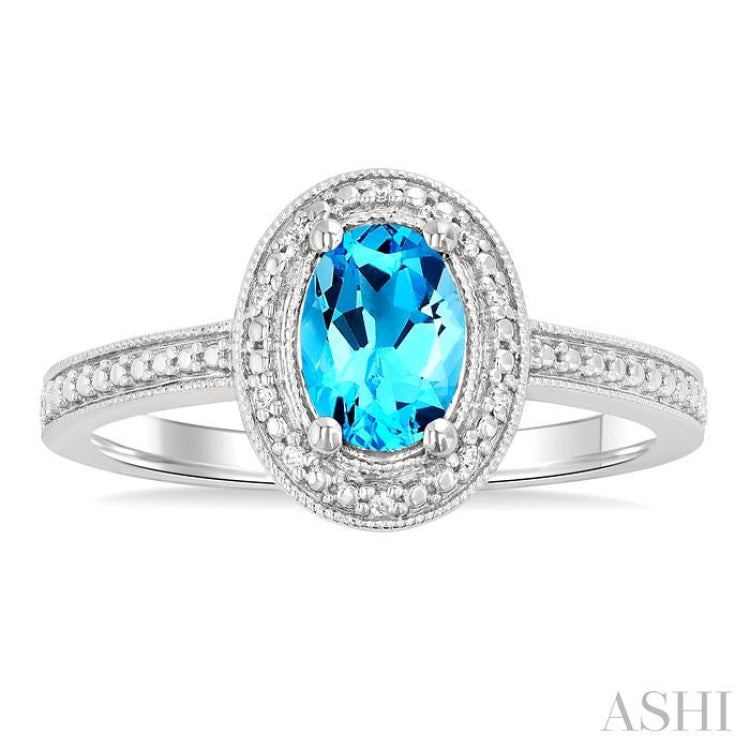 7x5 MM Oval Shape Blue Topaz and 1/50 Ctw Single Cut Diamond Semi-precious Ring in Sterling Silver
