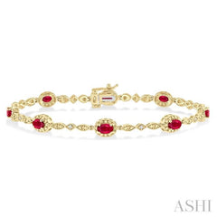5x3 MM Oval Cut Ruby and 1/20 Ctw Single Cut Diamond Bracelet in 10K Yellow Gold