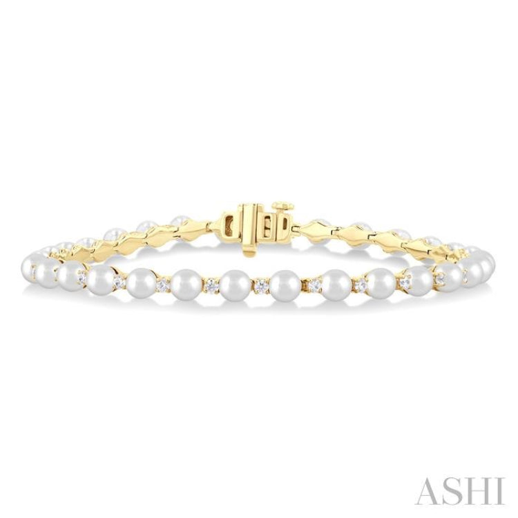 4 MM Cultured Pearl and 3/4 Ctw Round Cut Diamond Tennis Bracelet in 14K Yellow Gold