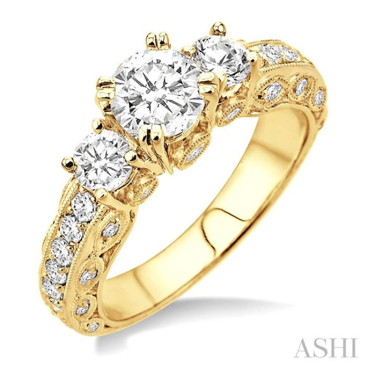 1 1/6 Ctw Tri Stone Semi-Mount Diamond Engagement Ring in 14K Yellow Gold