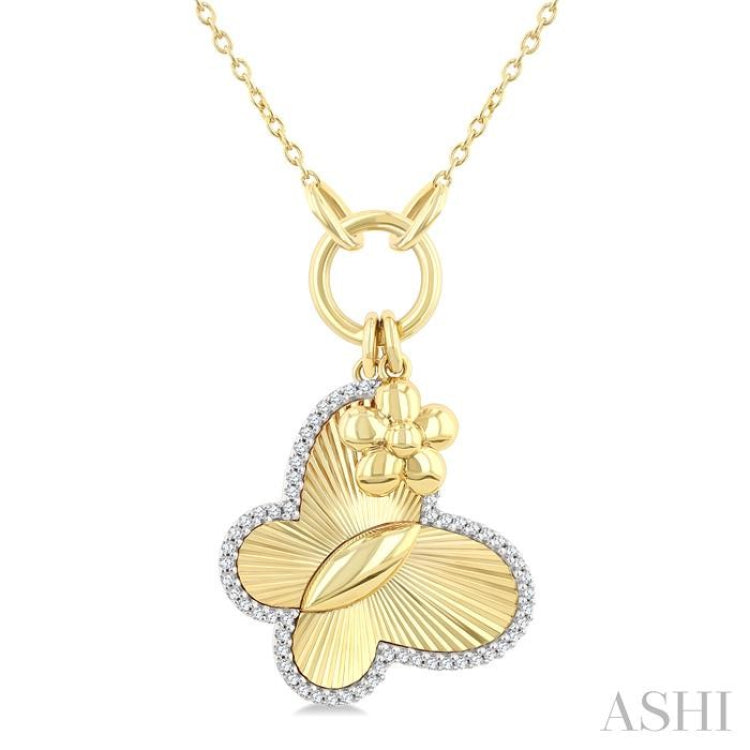 1/6 Ctw Butterfly Charm Fluted Round Cut Diamond Fashion Pendant With Chain in 10K Yellow and White Gold