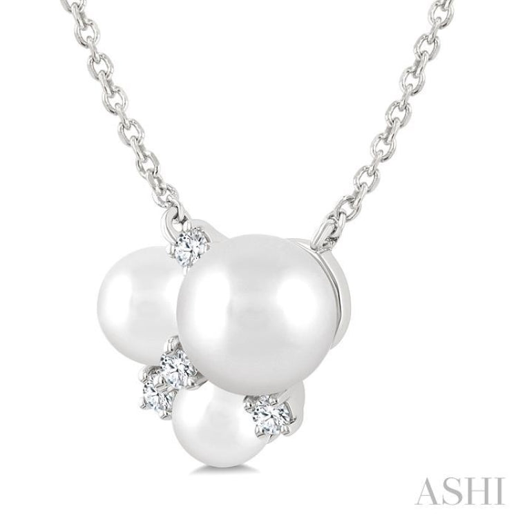 4 MM, 5 MM & 6 MM Cultured Pearl and 1/20 Ctw Round Cut Diamond Fashion Pendant With Chain in 10K White Gold
