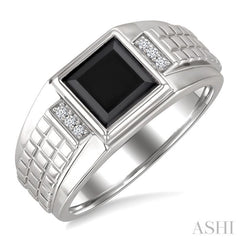 8x8 MM Princess Shape Onyx and 1/20 Ctw Single Cut Diamond Semi-precious Men's Ring in Sterling Silver