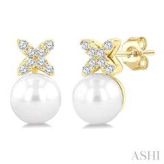 6 MM Cultured Pearl and 1/10 Ctw Round Cut Diamond Floral Fashion Earrings in 14K Yellow Gold