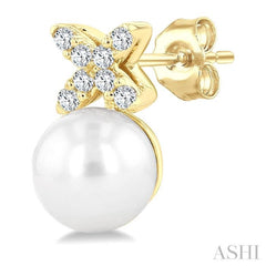 6 MM Cultured Pearl and 1/10 Ctw Round Cut Diamond Floral Fashion Earrings in 14K Yellow Gold