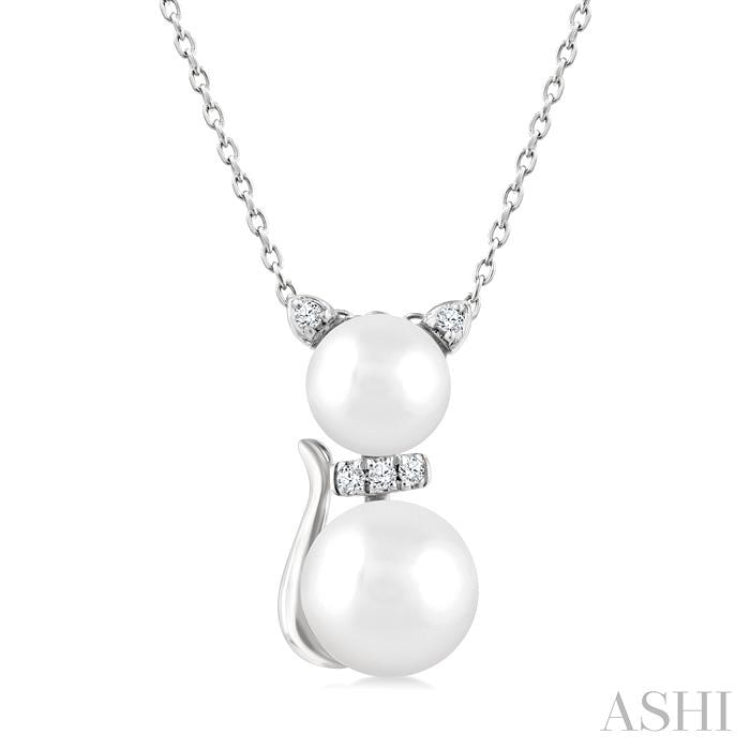 6&7 MM Cultured Pearl and 1/20 Ctw Single Cut Diamond Cat Shape Petite Fashion Pendant With Chain in 10K White Gold