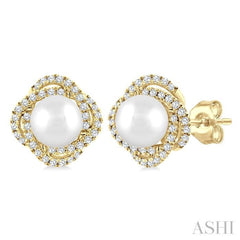 5 MM Cultured Pearl and 1/4 Ctw Single Cut Diamond Petite Fashion Earrings in 10K Yellow Gold