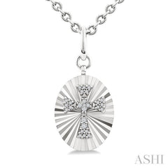 1/10 Ctw Oval Fluted Medallion Single Cut Diamond Cross Pendant With Chain in Sterling Silver