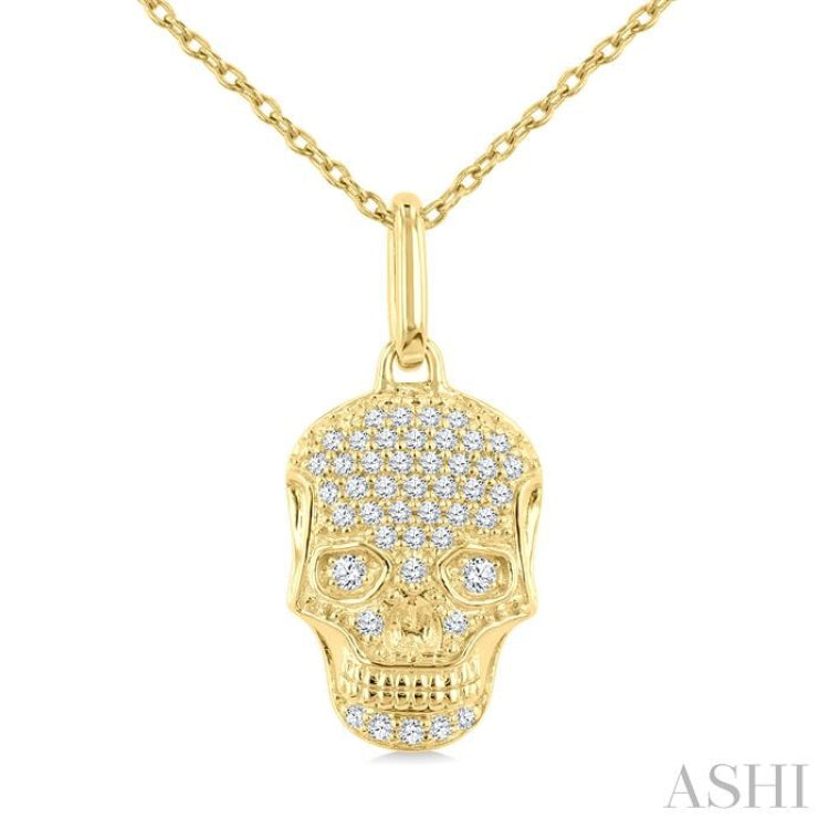 1/6 Ctw Petite Skull Single Cut Diamond Fashion Pendant With Chain in 10K Yellow Gold