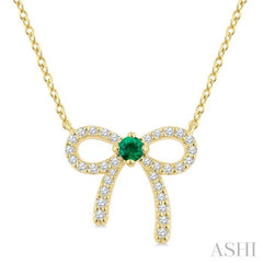 2.40 MM Round Shape Emerald and 1/8 Ctw Bow Round Cut Diamond Fashion Pendant With Chain in 10k Yellow Gold