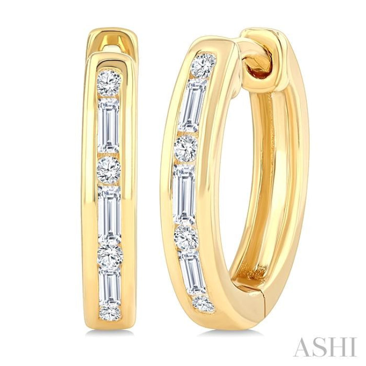 1/5 Ctw Baguette & Round Cut Diamond Channel Set Petite Huggie Earrings in 10K Yellow Gold