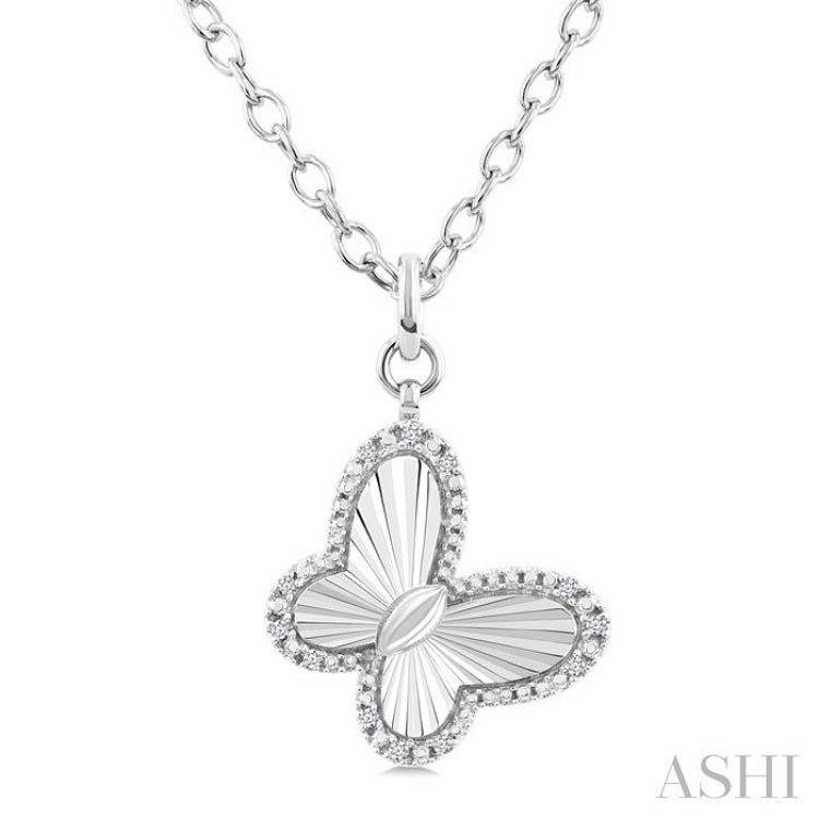 1/10 Ctw Butterfly Fluted Medallion Single Cut Diamond Pendant With Chain in Sterling Silver