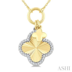 1/6 Ctw Clover Charm Fluted Round Cut Diamond Fashion Pendant With Chain in 10K Yellow and White Gold