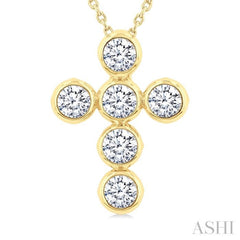 1 1/2 Ctw Round Cut Diamond 6-Stone Bezel Set Cross Pendant With Chain in 14K Yellow Gold